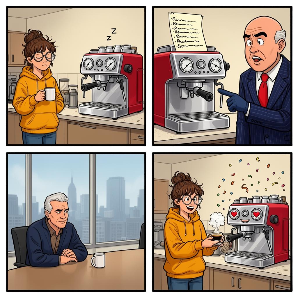 Four-panel comic strip showing the office coffee machine going on strike and eventually making peace